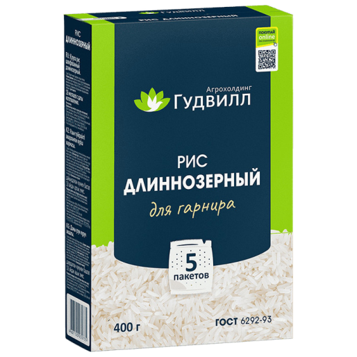 Рис длиннозерный для гарнира 5 пакетиков по 80г 400г Гудвилл